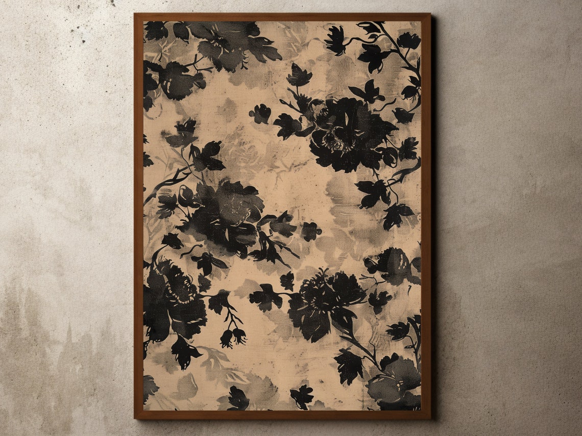 Monochrome Floral Pattern Japanese Woodblock Style Botanical Art Print