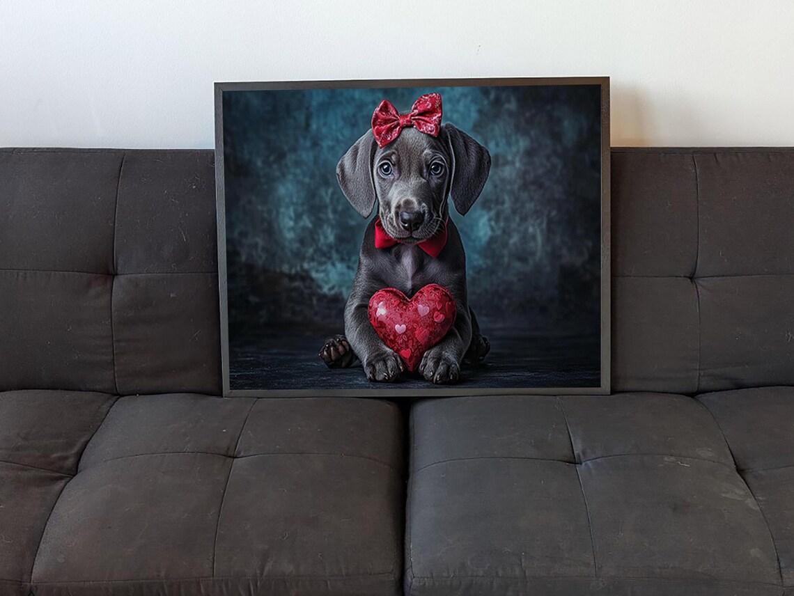 Elegant Weimaraner Puppy With Red Bow Holding Heart Valentines Poster - Image 4