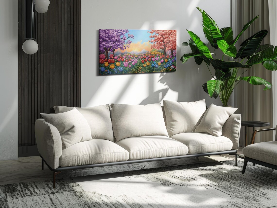 Tulip Field Blossom Trees Sunset Mountain Spring Floral Landscape Poster - Image 3