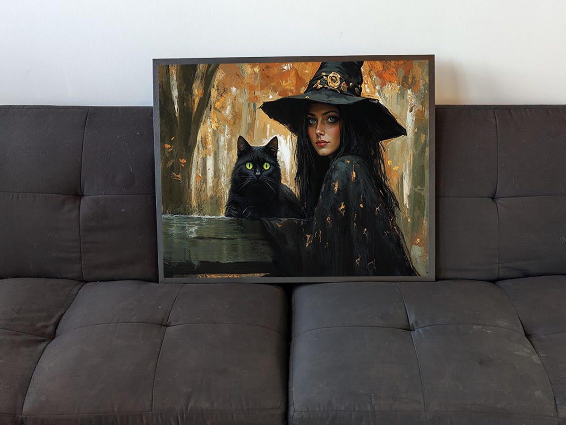 Dark Witch Black Hat Green Eyed Black Cat Autumn Forest Art Poster - Image 4