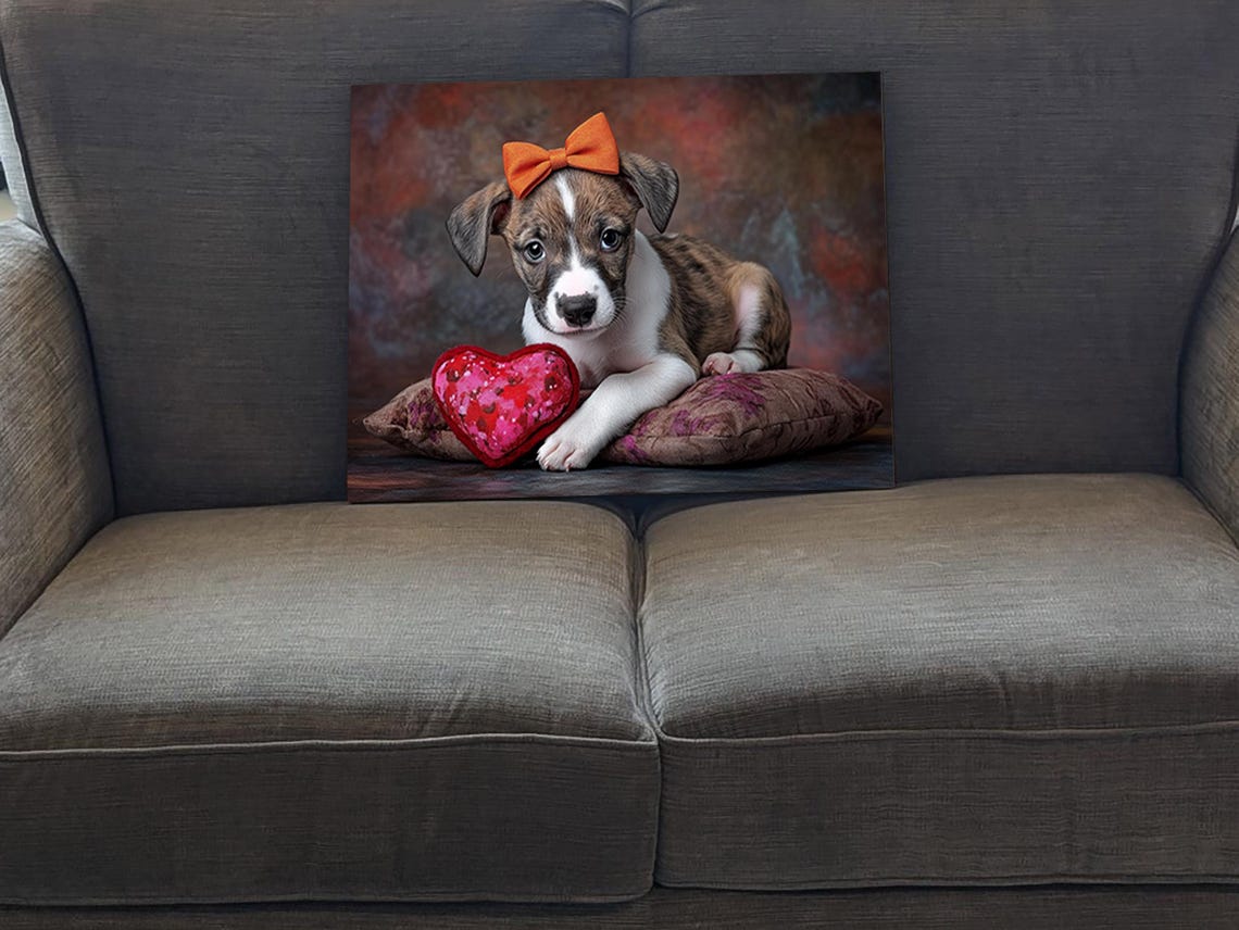 Sweet Whippet Puppy With Orange Bow Resting On Heart Pillow Art Poster - Image 5