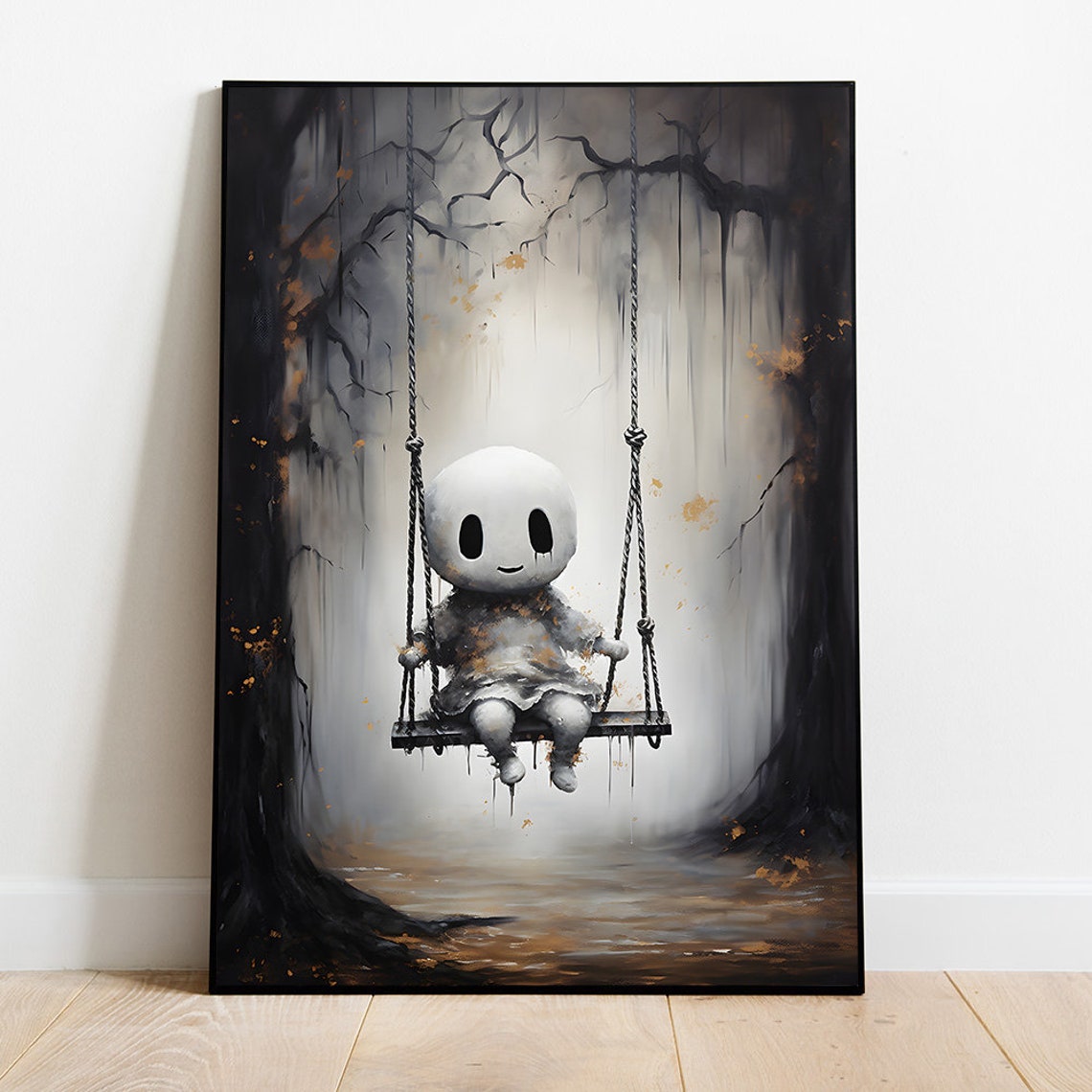 Adorable Little Ghost Sitting On A Swing In A Misty Dark Forest Poster
