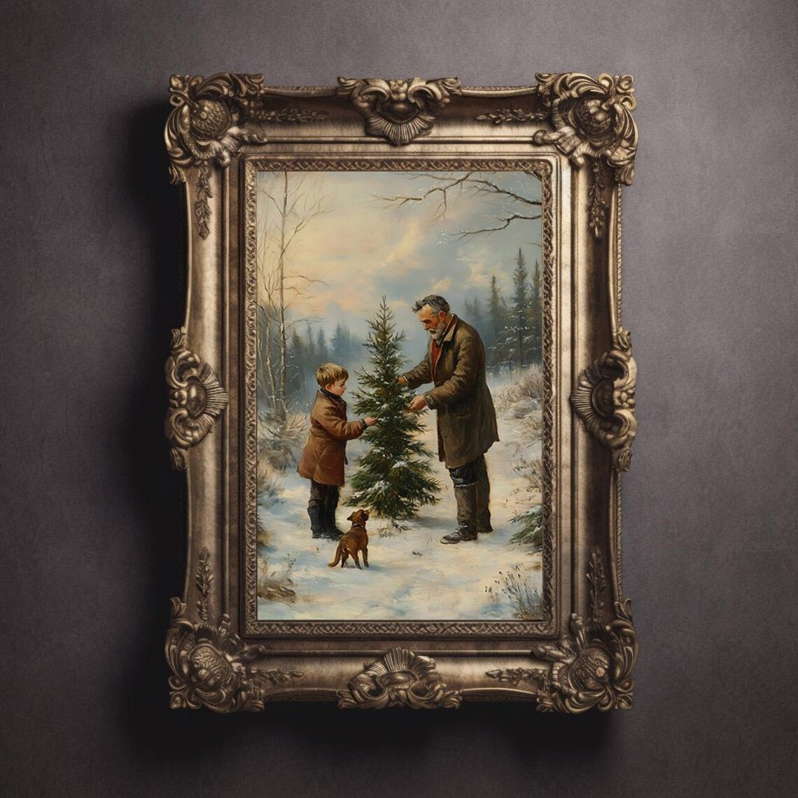 Father And Son Christmas Tree Snowy Forest Vintage Holiday Art Poster - Image 3