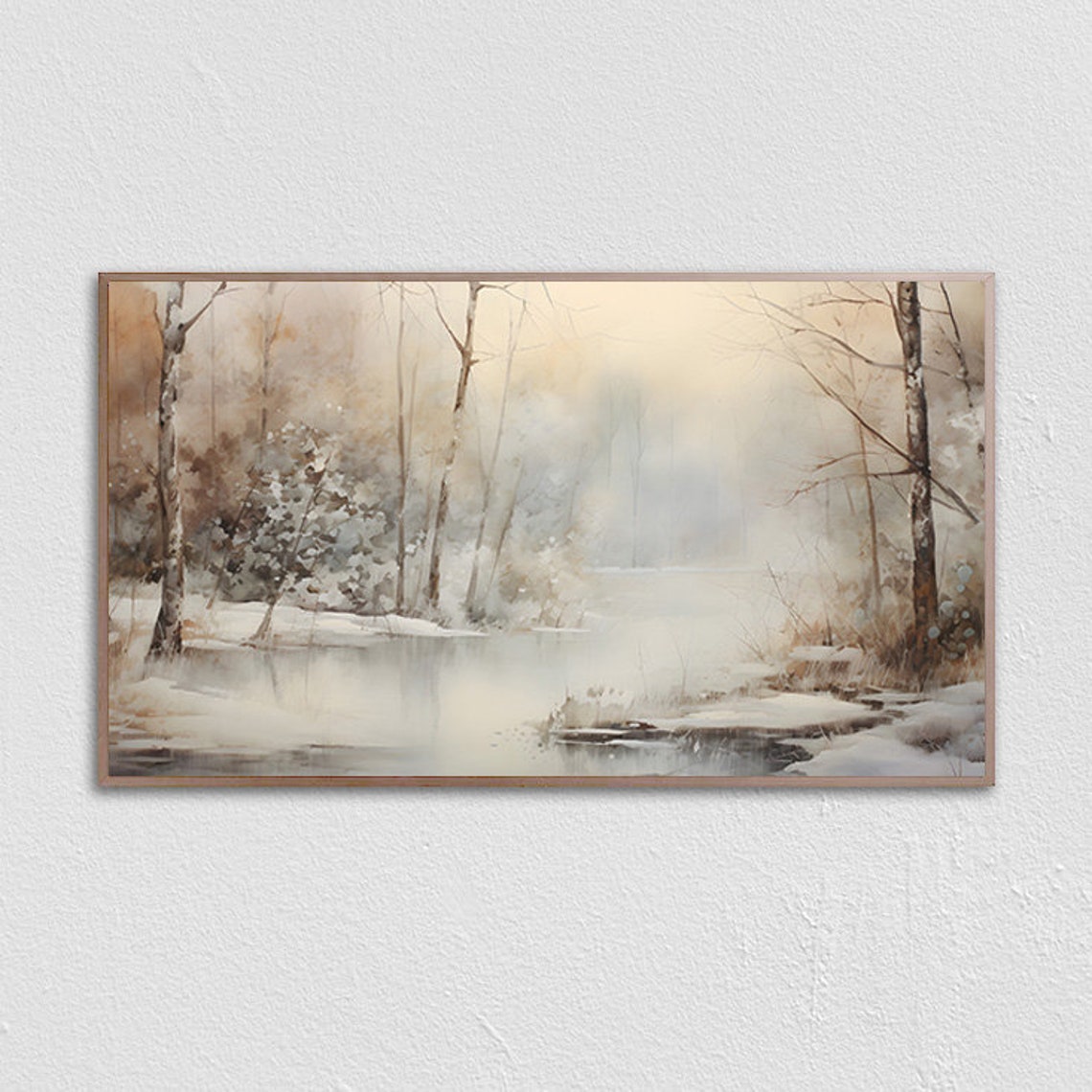 Misty Lake In A Snowy Birch Forest Soft Watercolor Landscape Poster