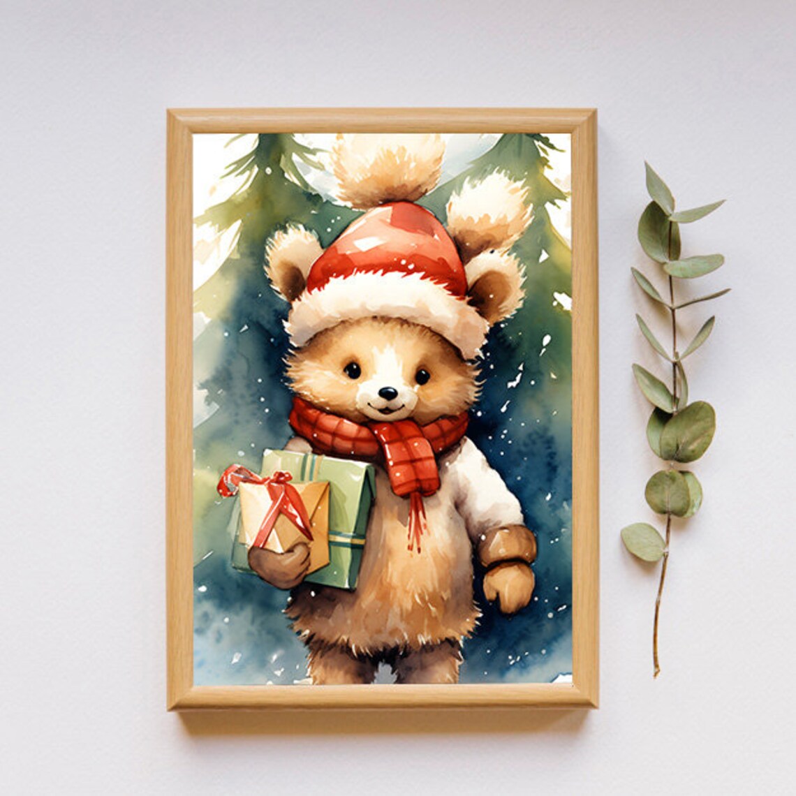 Cute Teddy Bear In Santa Hat Holding Gifts Watercolor Wall Art - Image 2