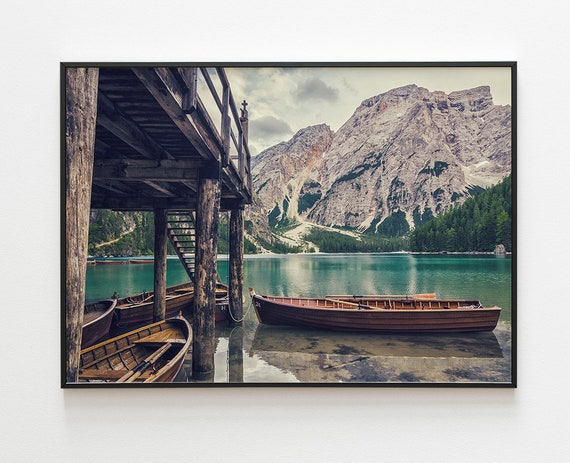 Lake Braies Instant Print Lake Landscape Wall Art Boat On A Lake Print Moody Landscape Dolomites