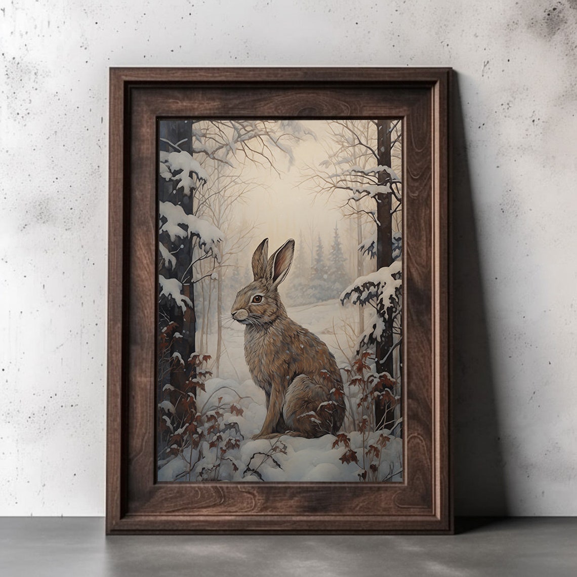 Brown Hare Sitting Among Snowy Woodland Branches Wildlife Wall Art - Image 3