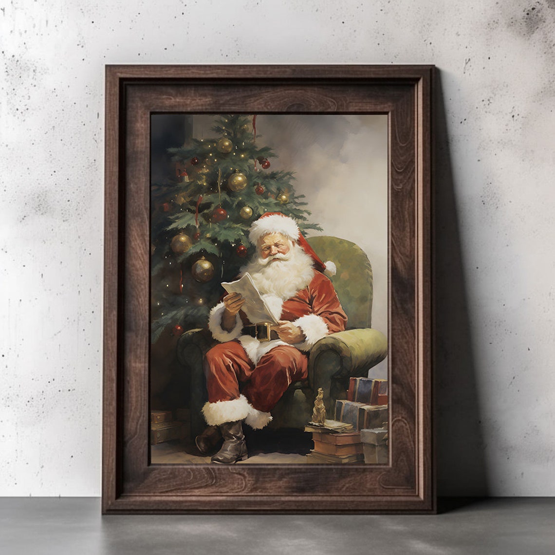 Classic Santa Claus Reading Letters Beside Christmas Tree Poster - Image 2