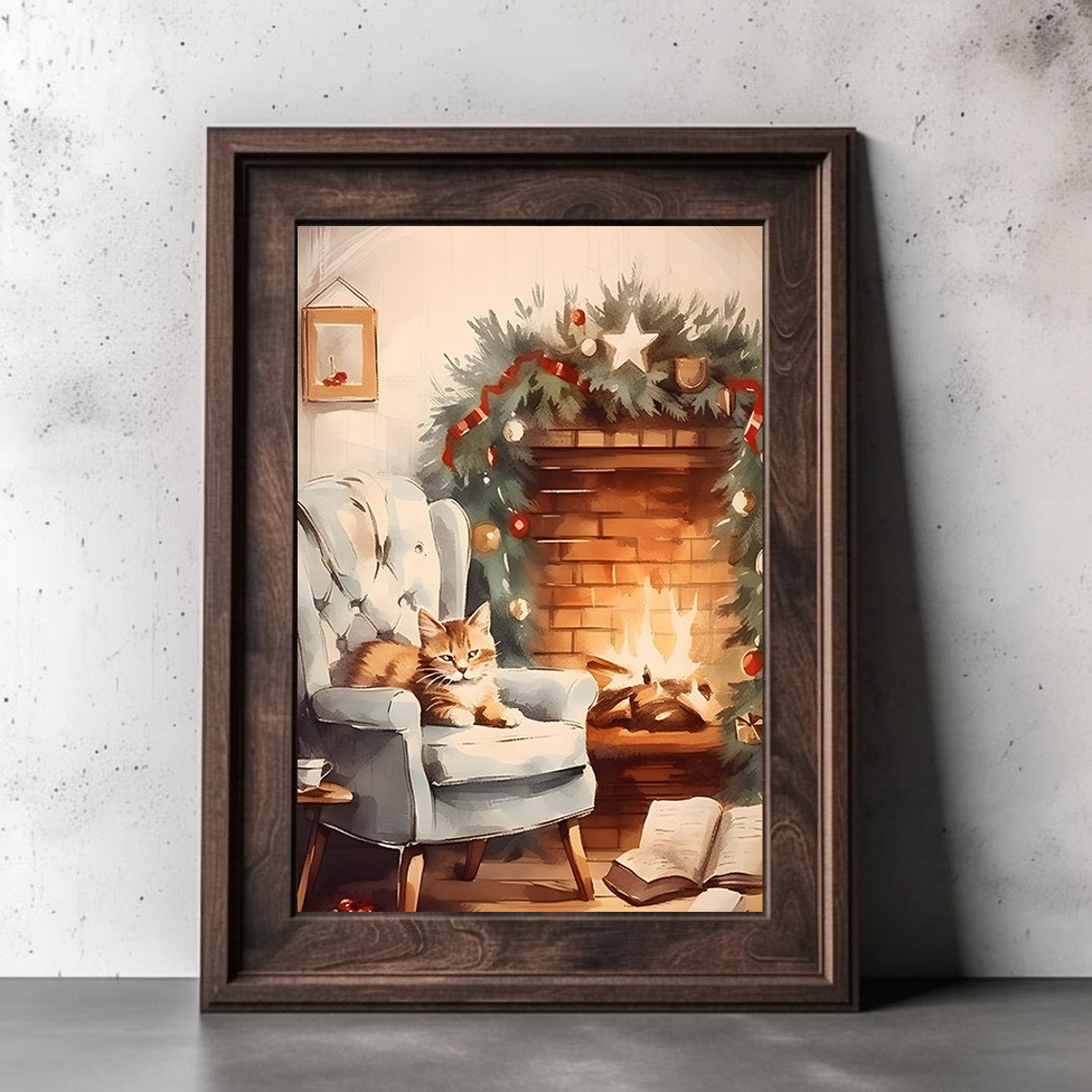 Ginger Cat Lounging By A Warm Fireplace At Christmas Wall Art - Image 3