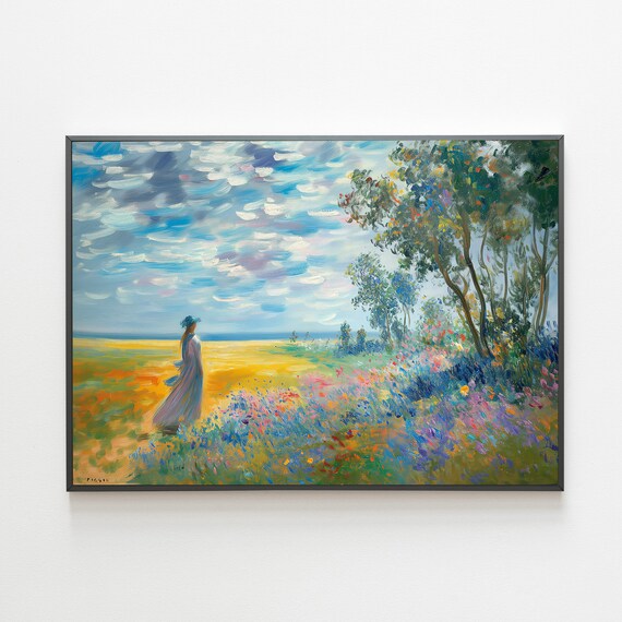 Woman with Parasol in Wildflower Meadow Impressionist Oil Painting Poster