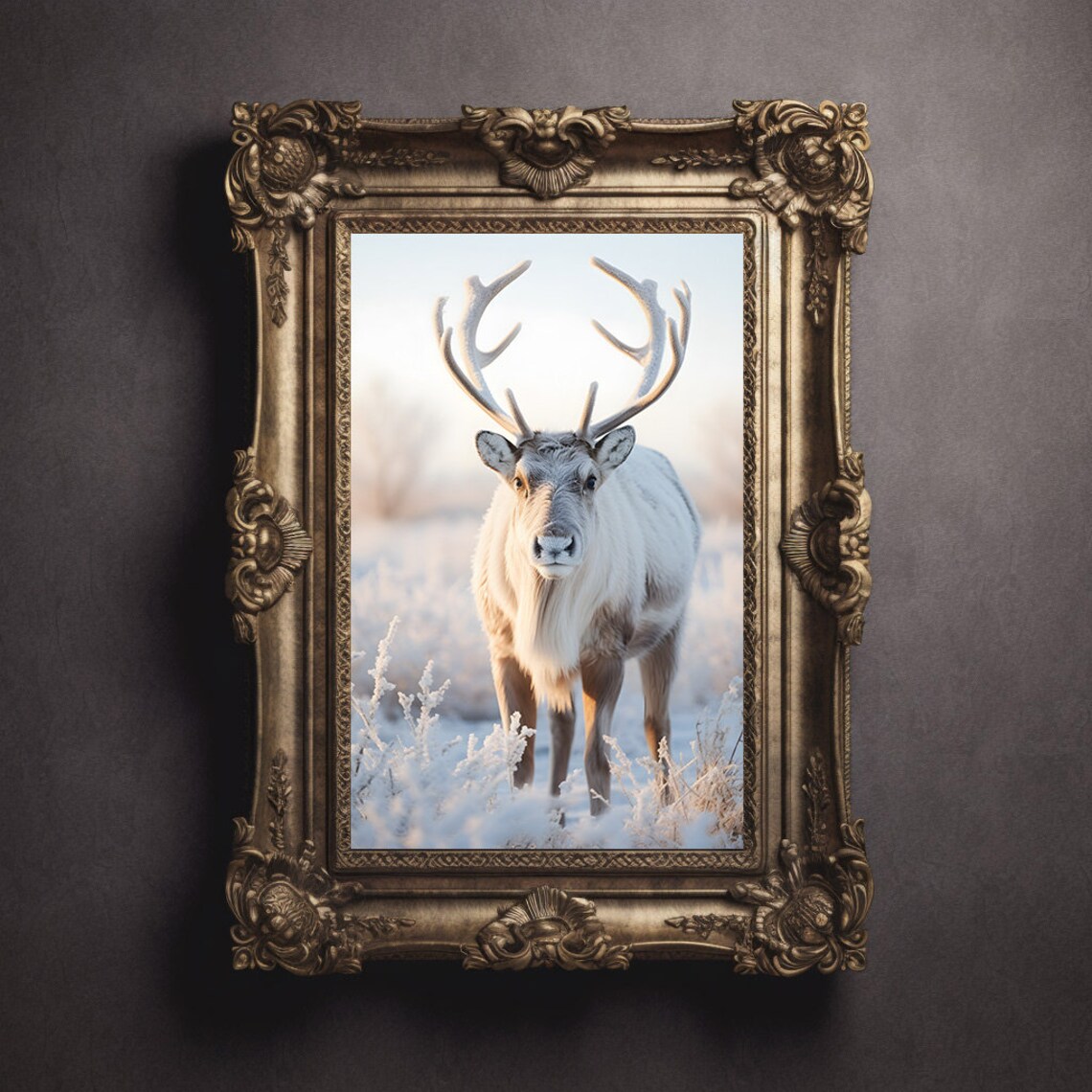 Majestic White Reindeer Standing In A Snowy Meadow Wildlife Poster - Image 2