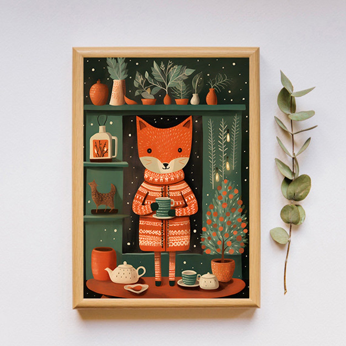 Cute Winter Fox In Orange Fair Isle Sweater With Hot Cocoa Poster - Image 2