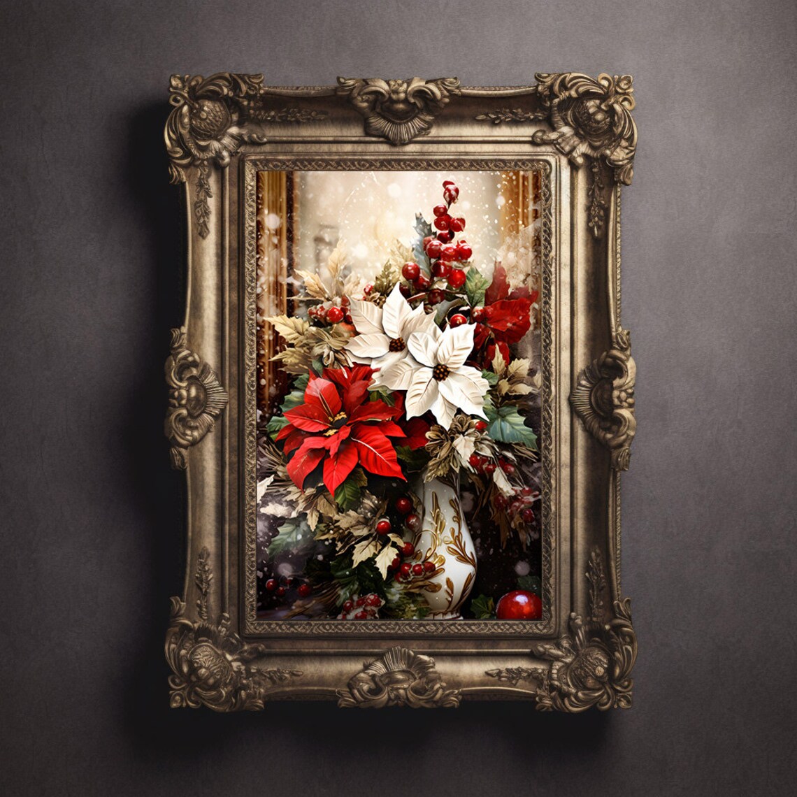 Christmas Poinsettias And Berries Winter Floral Holiday Poster - Image 2