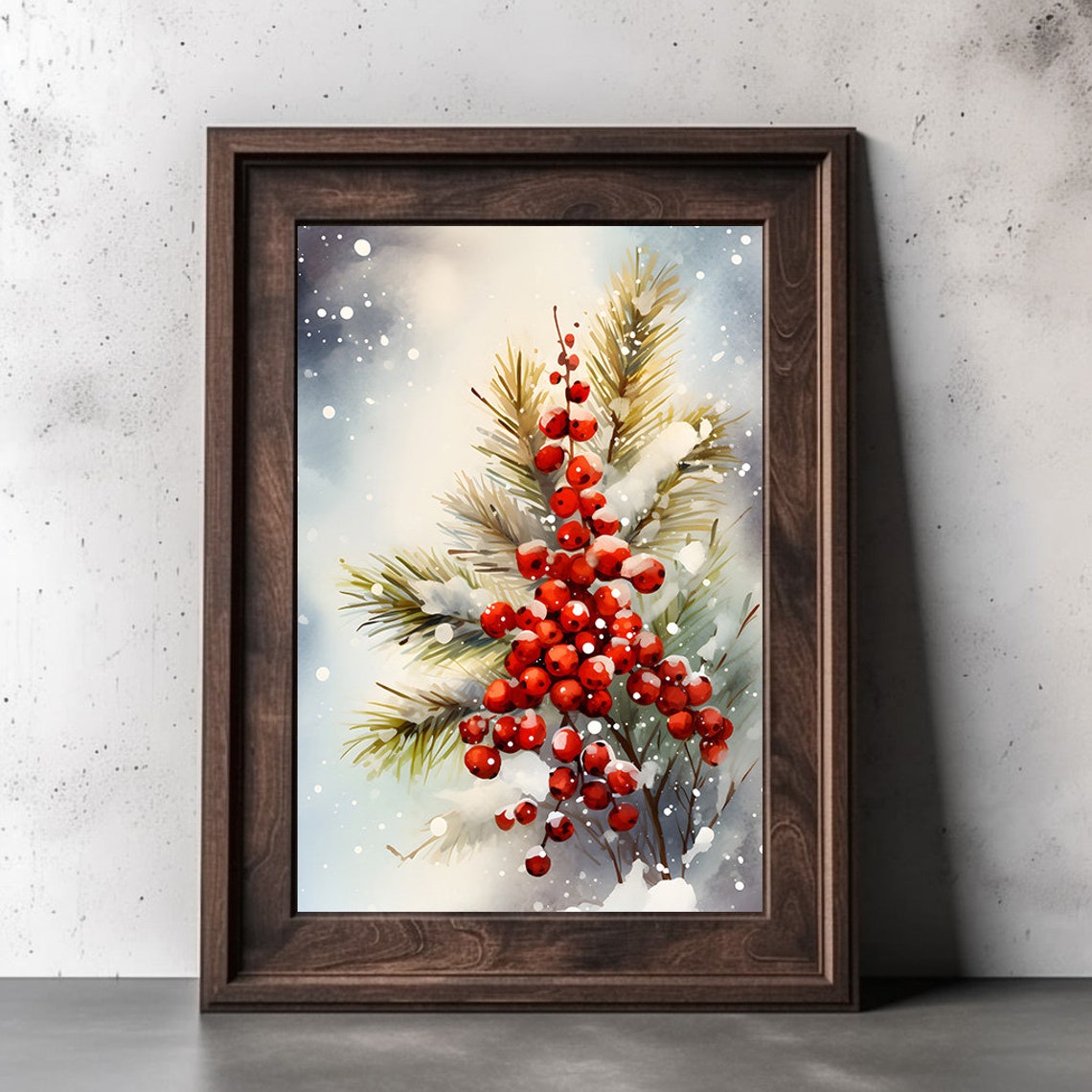 Red Winter Berries With Snowy Pine Branches Watercolor Poster - Image 3