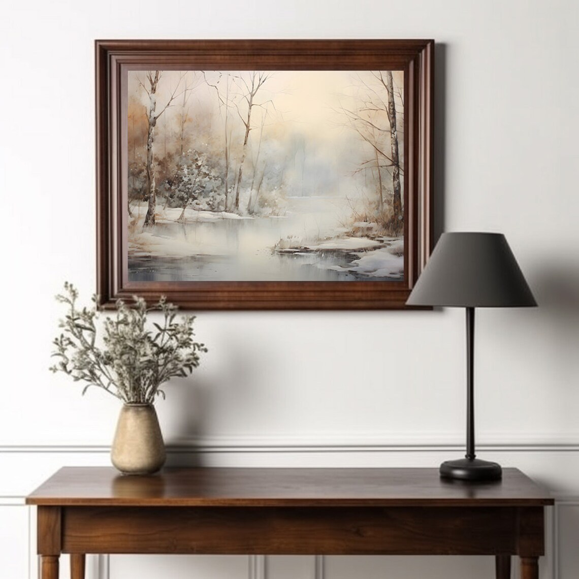 Misty Winter Birch Forest Lakeside Watercolor Scene Wall Art - Image 2