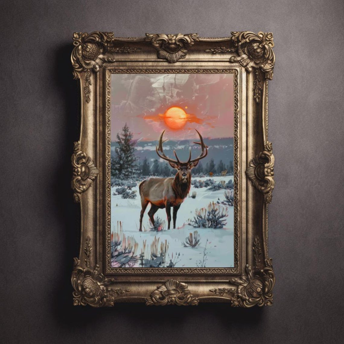 Majestic Bull Elk In Snowy Meadow Beneath Pink Sunset Poster - Image 3