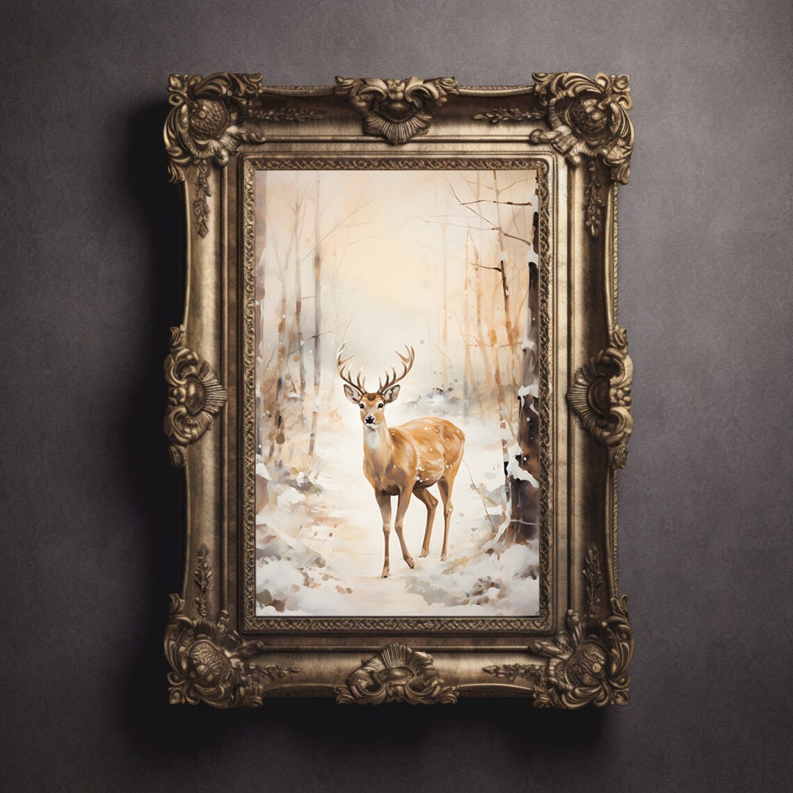Golden Deer Buck With Antlers In Snowy Forest Watercolor Poster - Image 3