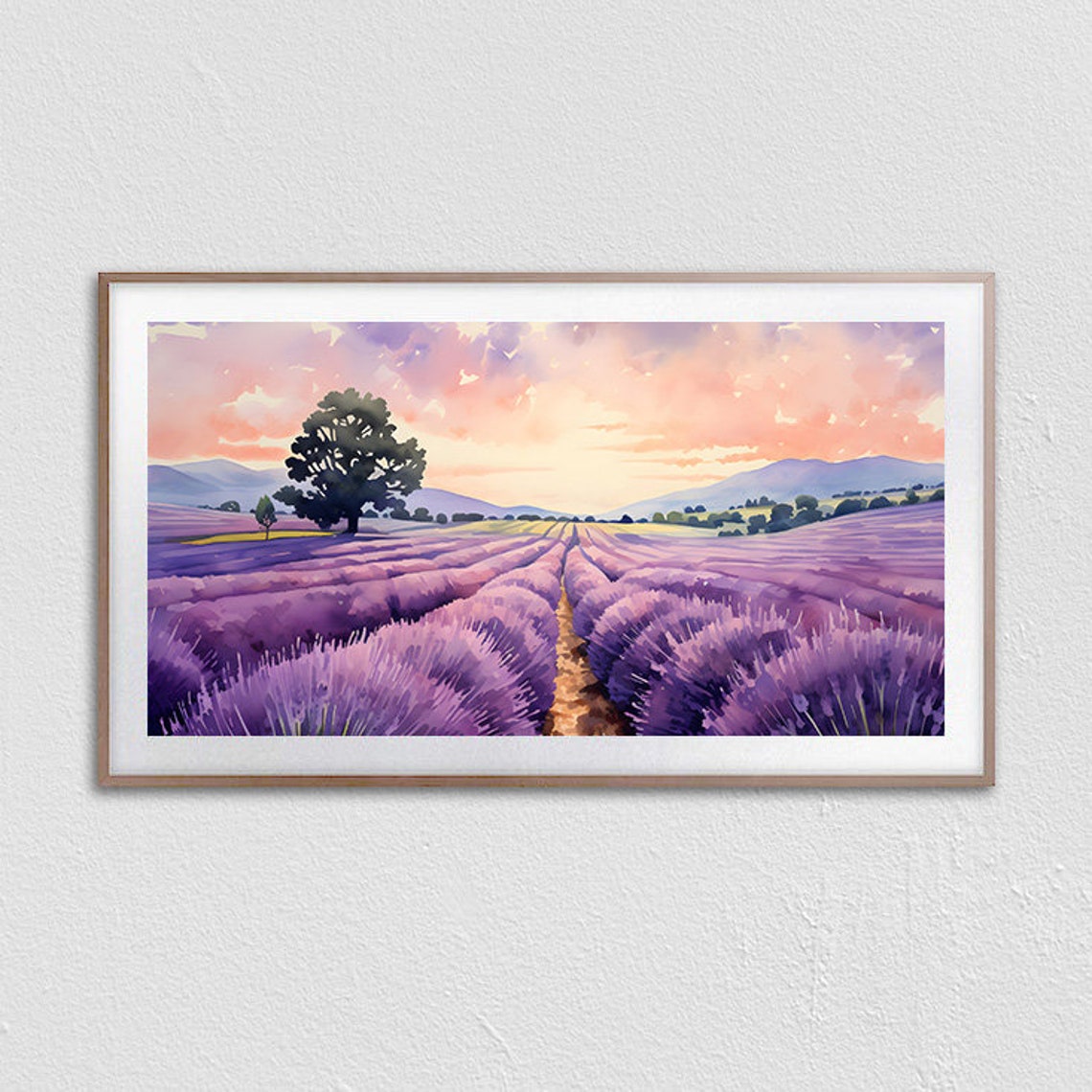 Lavender Field Sunset Watercolor with Lone Tree and Mountain Poster - Image 3