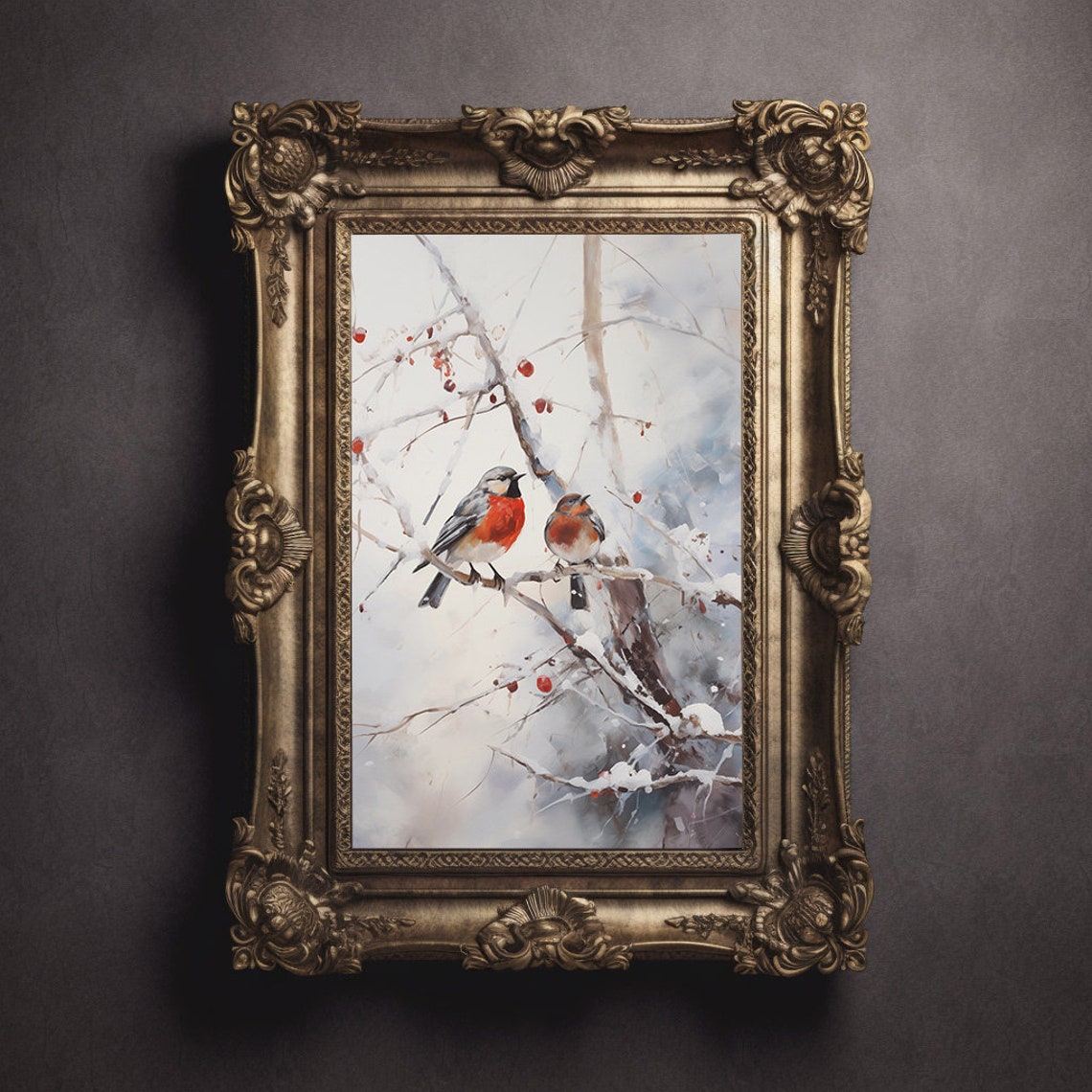 Two Robins Perched On Snowy Berry Branches Winter Bird Poster - Image 3