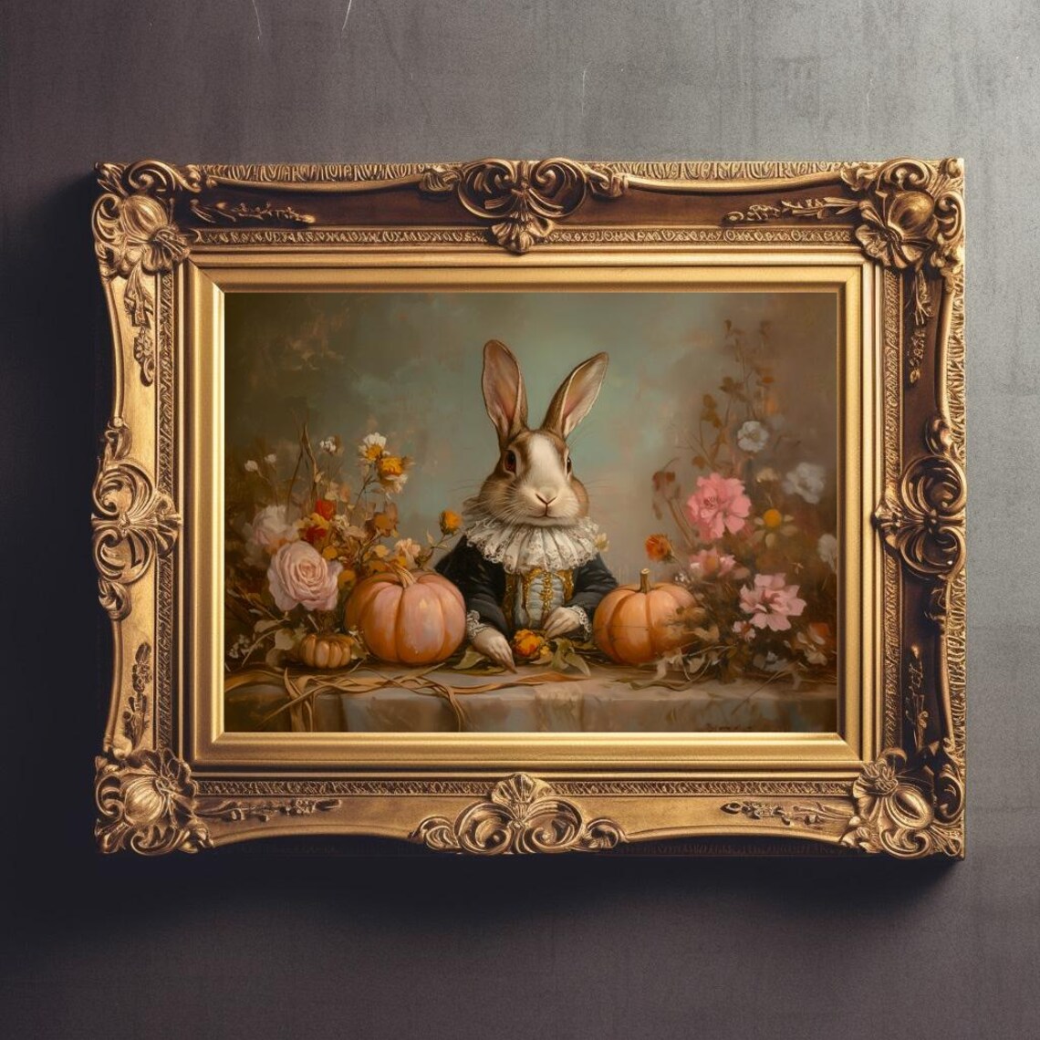 Pastel Harvest Pumpkins Painting, Renaissance Rabbit - Image 3