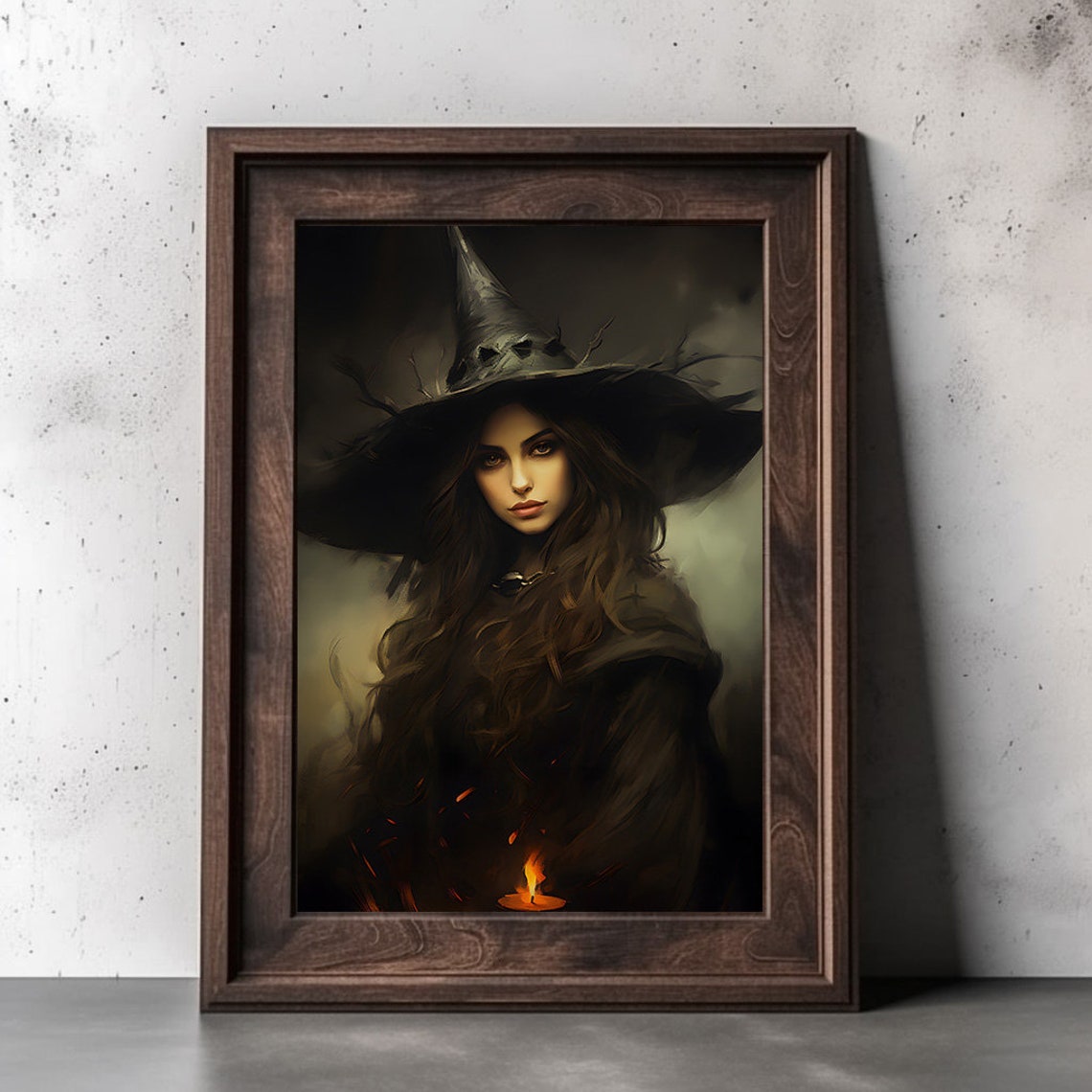 Beautiful Witch In Pointed Black Hat Candlelight Dark Portrait Poster - Image 2