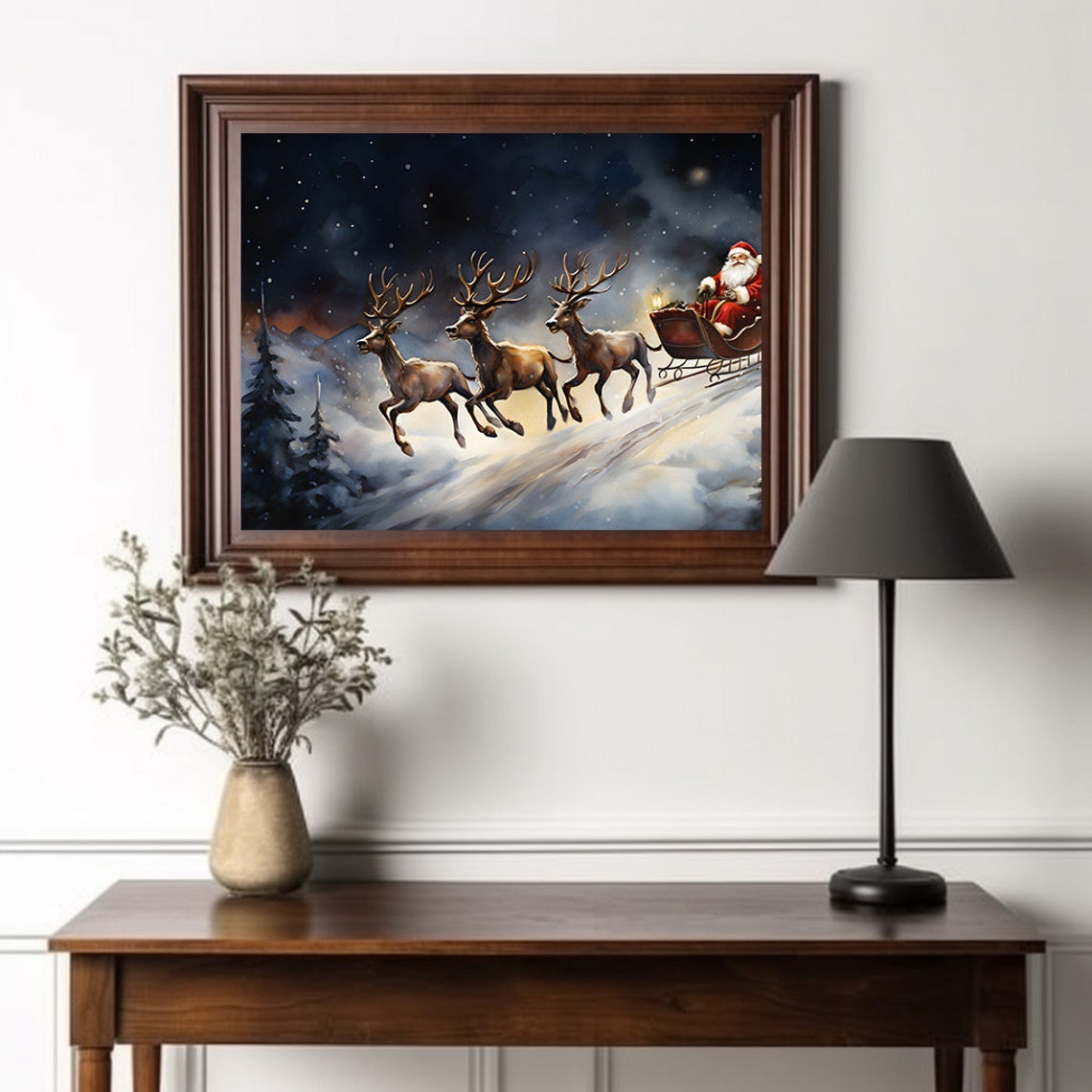Santa Sleigh Pulled By Three Reindeer Under Starry Sky Poster - Image 2