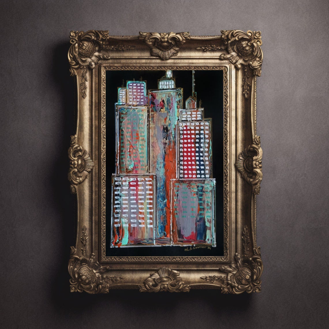 Abstract Night City Skyline Textured Impasto Skyscraper Wall Art - Image 3