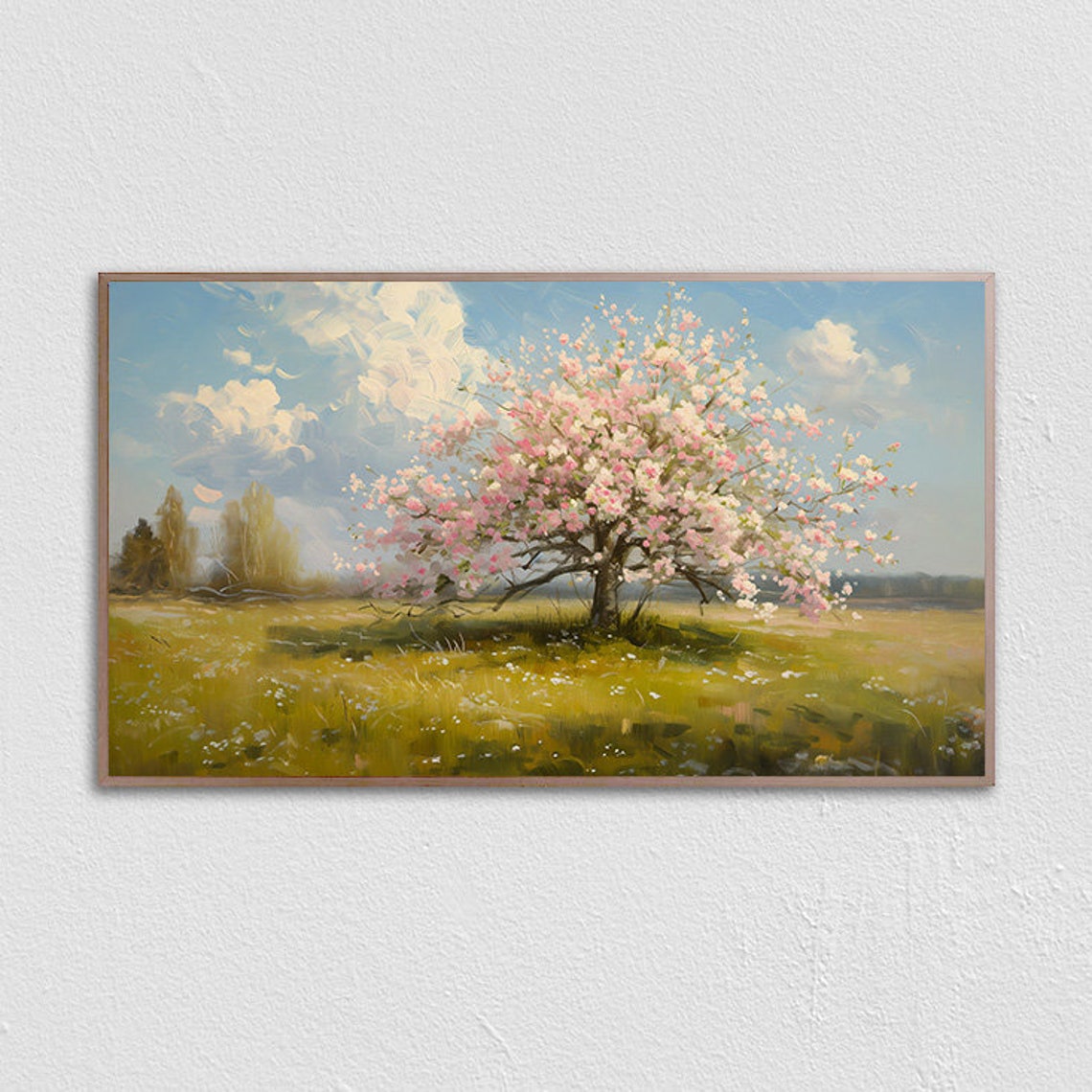 Pink Cherry Blossom Tree In Bloom Spring Meadow Landscape Poster