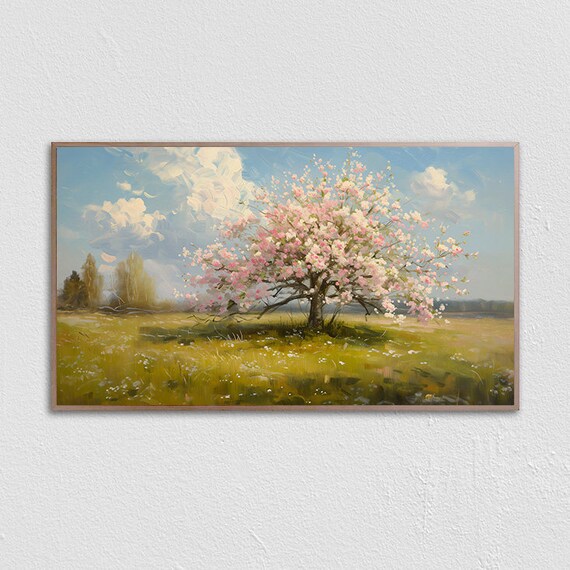 Pink Cherry Blossom Tree In Bloom Spring Meadow Landscape Poster