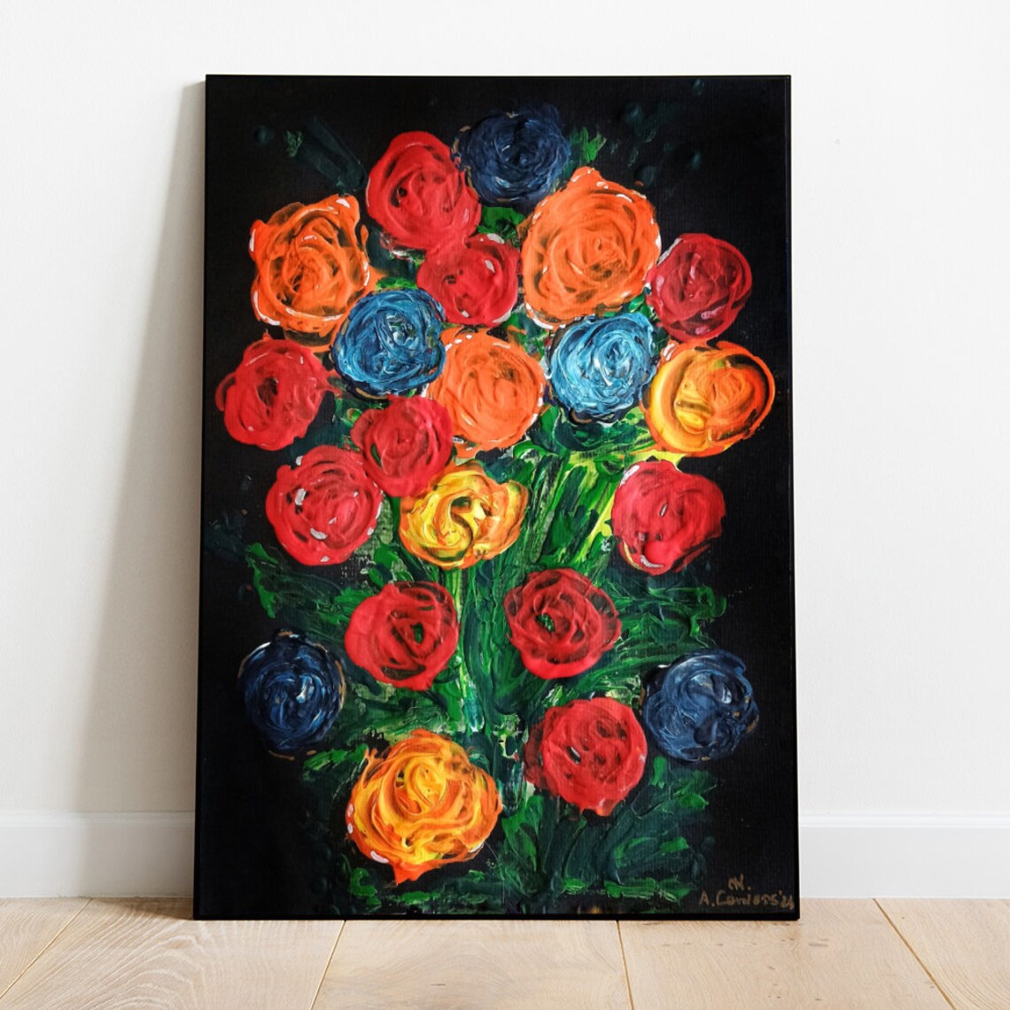 Colorful Rose Bouquet Impasto Oil Painting on Black Background Poster