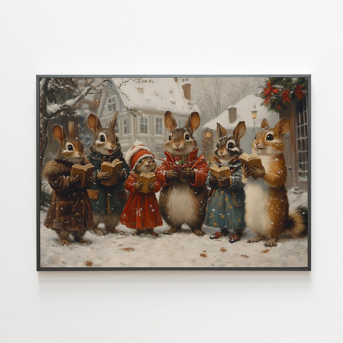 Cute Bunnies Christmas Caroling in Snow with Songbooks Woodland Poster