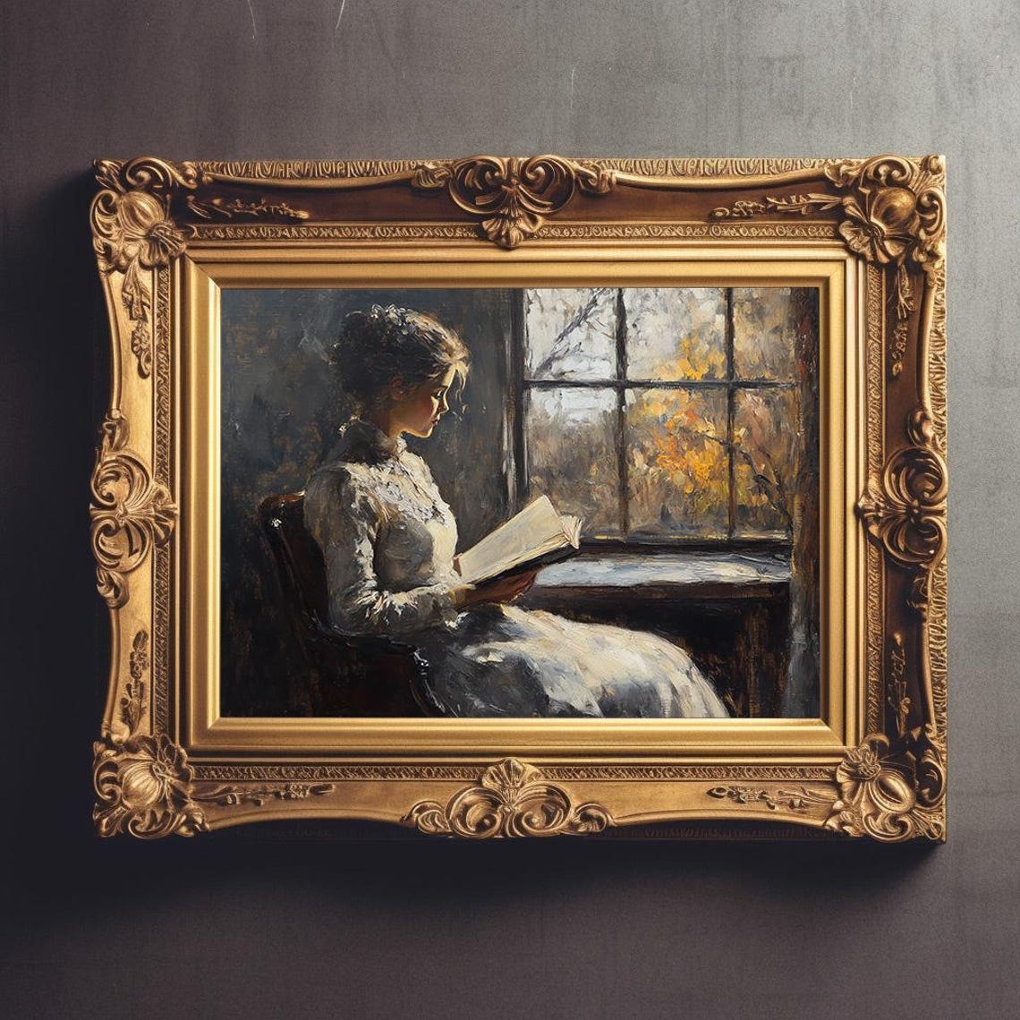 Vintage Portrait Woman Reading Moody Female Oil Painting Victorian Aesthetic Art Vintage Lady Painting Dark Academia - Image 3