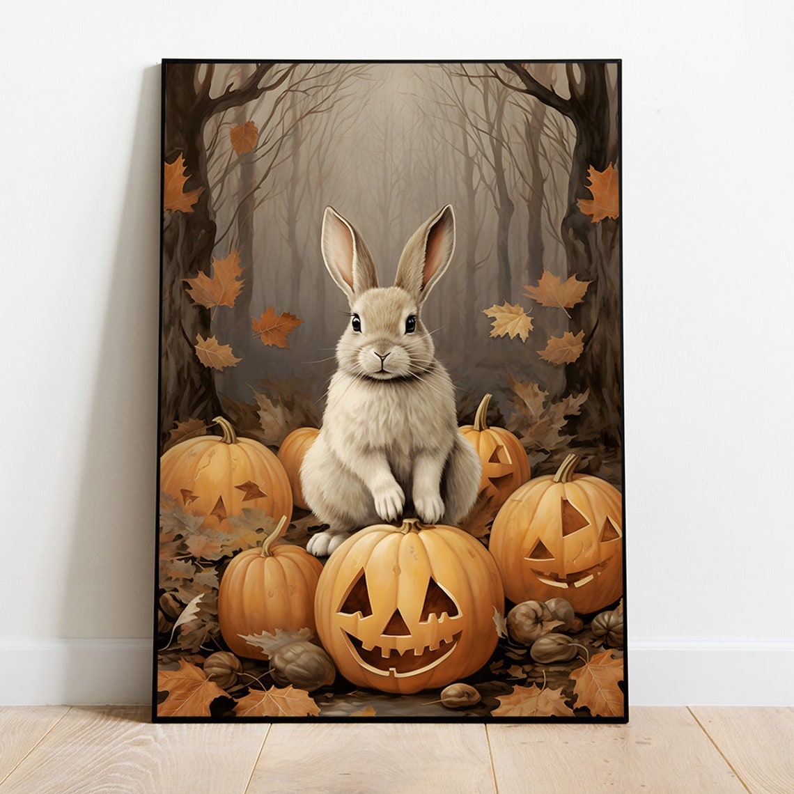 White Bunny Sitting Among Glowing Jack O Lanterns Halloween Poster