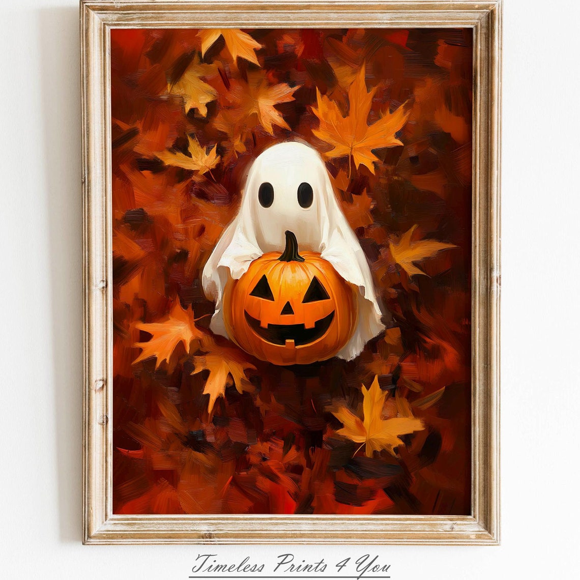 Cute Ghost Holding Pumpkin Autumn Leaves Whimsical Halloween Poster