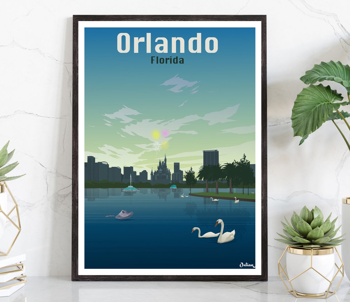 Orlando Florida Lake Eola Dusk With Swans and Fireworks Poster