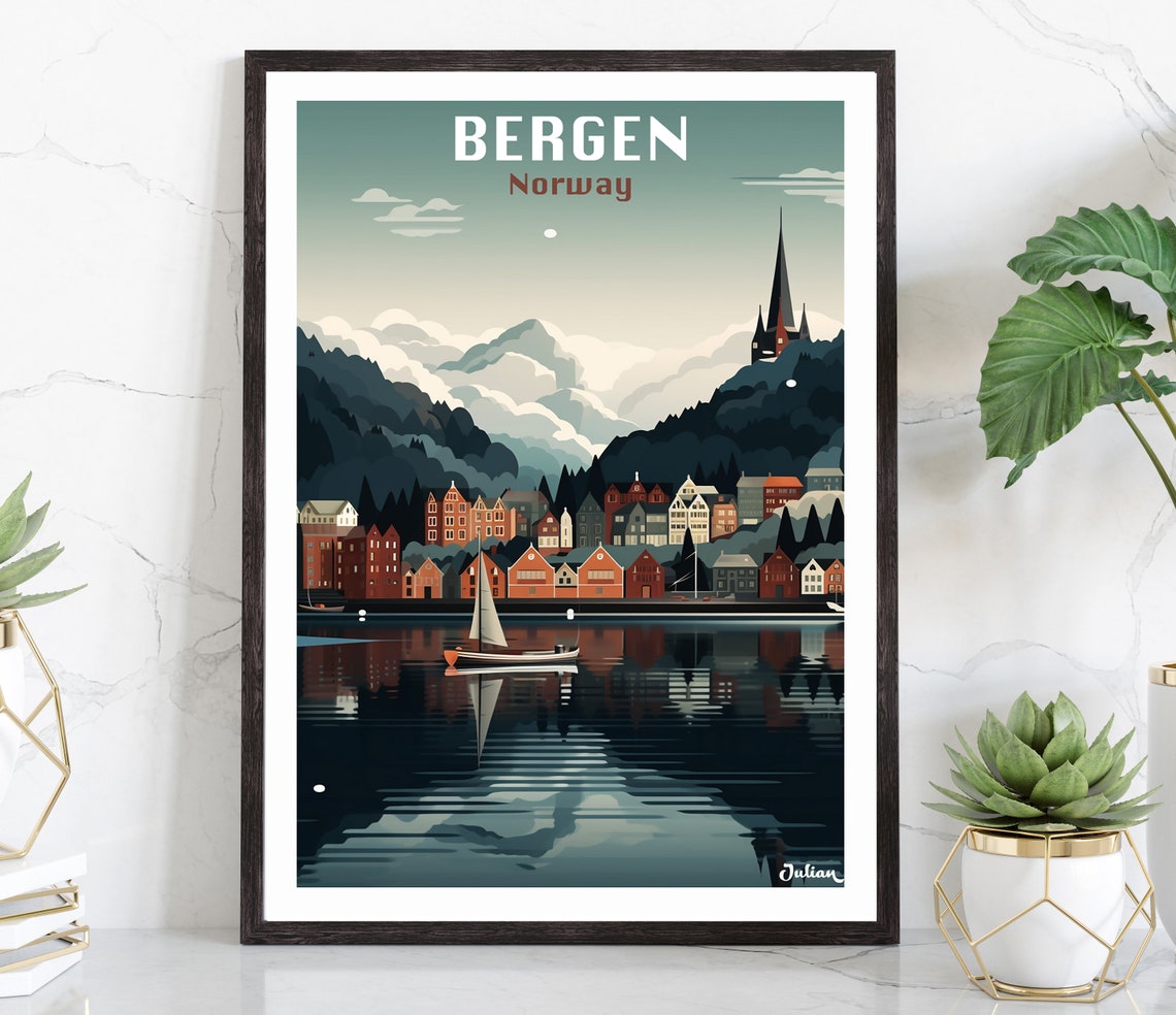 Bergen Norway Bryggen Wharf Night Lights Harbor Travel Poster