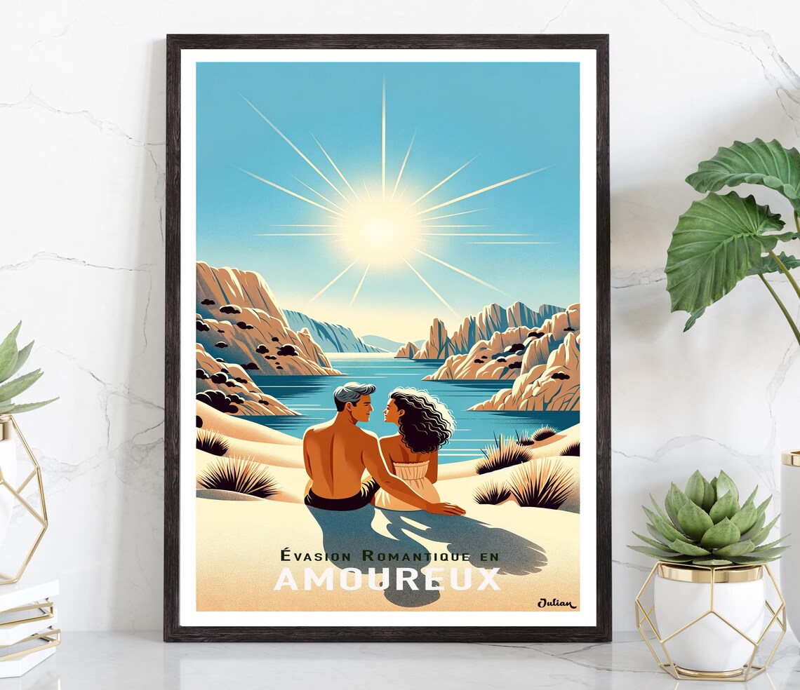 Amoureux Romantic Beach Escape Couple Sunny France Travel Poster