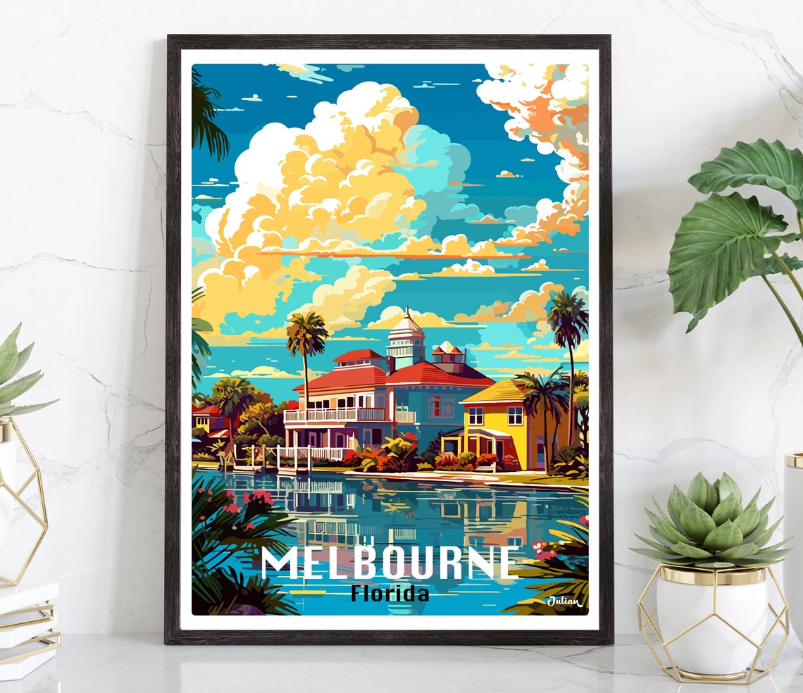 Melbourne Florida Sunny Waterfront Homes Reflection Travel Poster