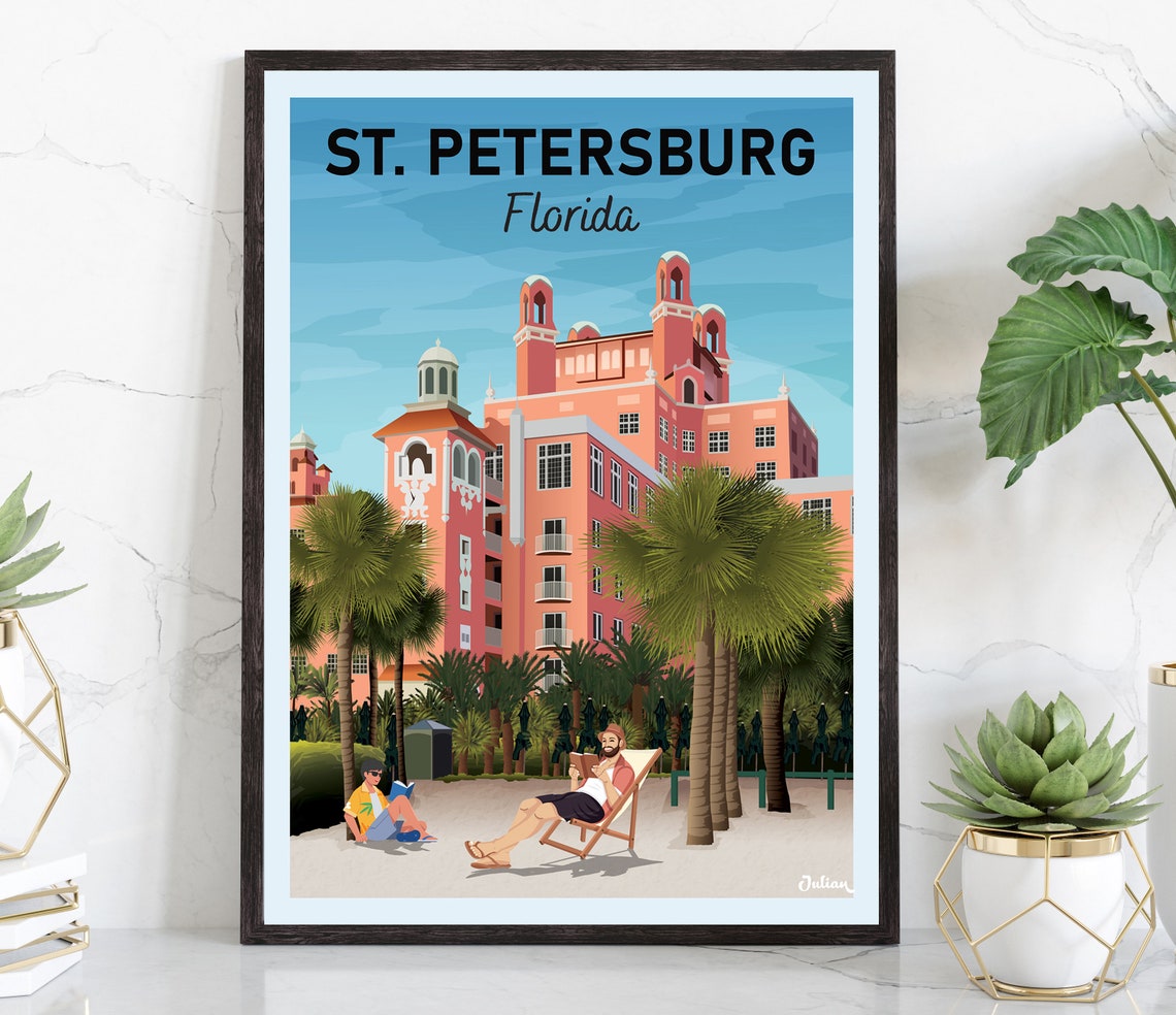 St. Petersburg Historic Pink Hotel Palm Garden Florida Travel Poster