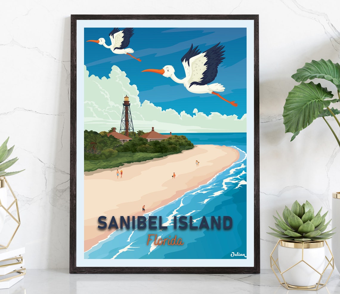 Sanibel Island Florida Pelicans Flying Over the Shore Poster