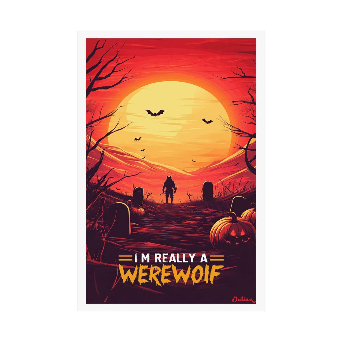Spooky Werewolf Graveyard Silhouette at Sunset Halloween Poster - Image 2