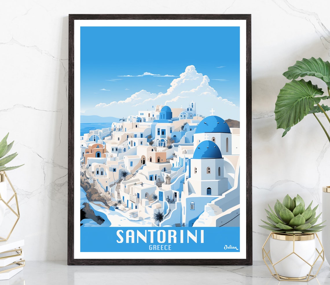 Santorini Greece Blue Dome Churches Whitewashed Hills Travel Poster