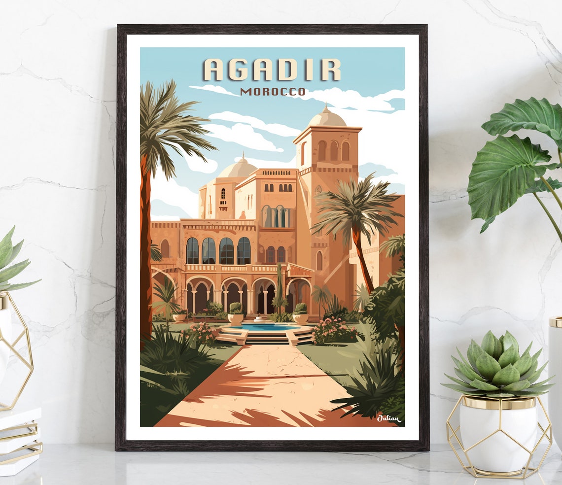 Agadir Morocco Moroccan Palace Palms Courtyard Retro Travel Poster