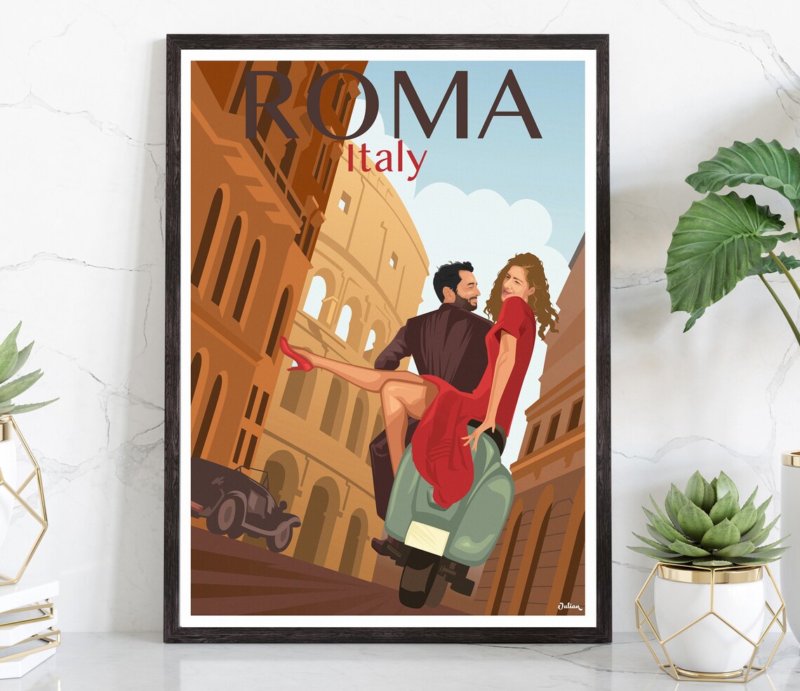 Roma Italy Couple on Vespa by the Colosseum Retro Travel Poster
