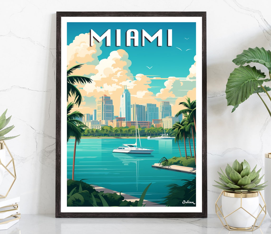 Miami Florida Skyline Over the Bay With Sailboats Travel Poster