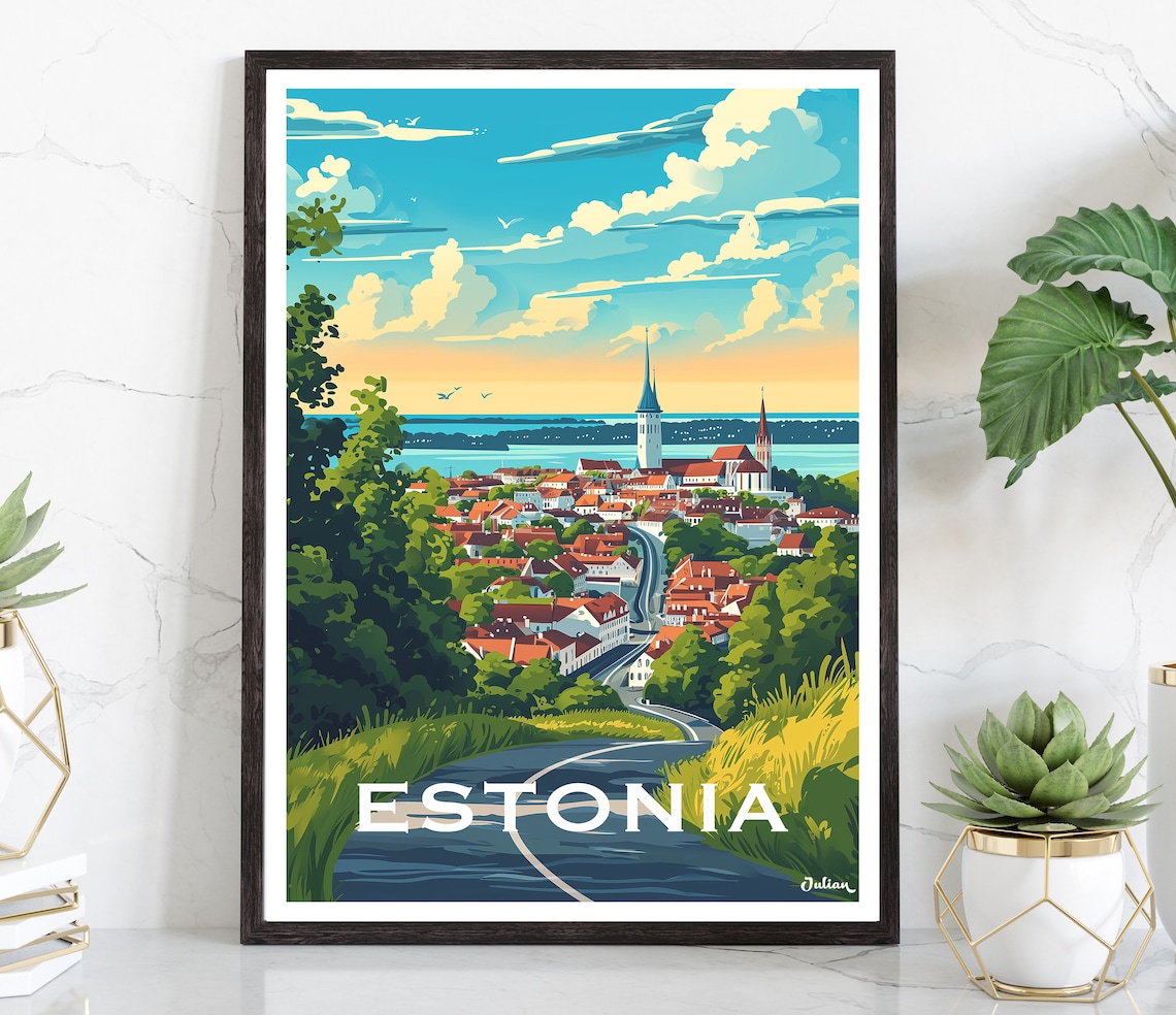 Estonia Old Town Red Roofs Hilltop View Green Summer Travel Poster