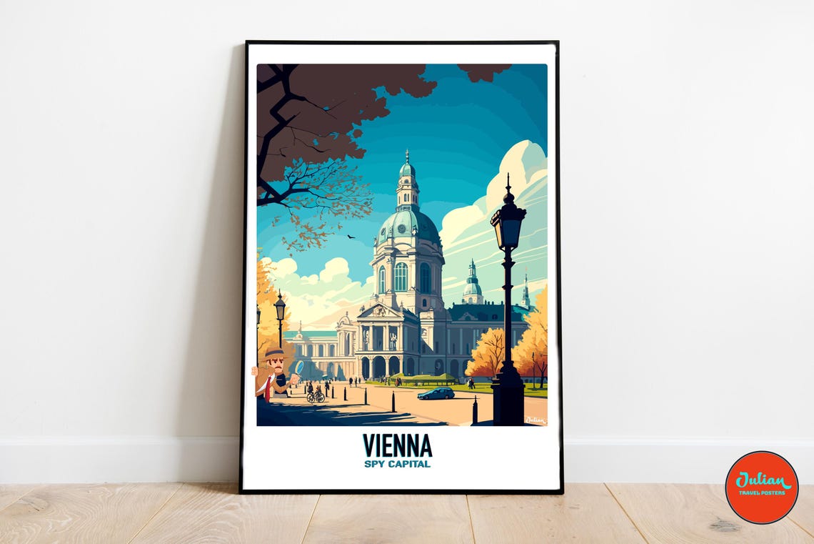 Vienna Austria Spy Capital Whimsical Detective Scene Travel Poster