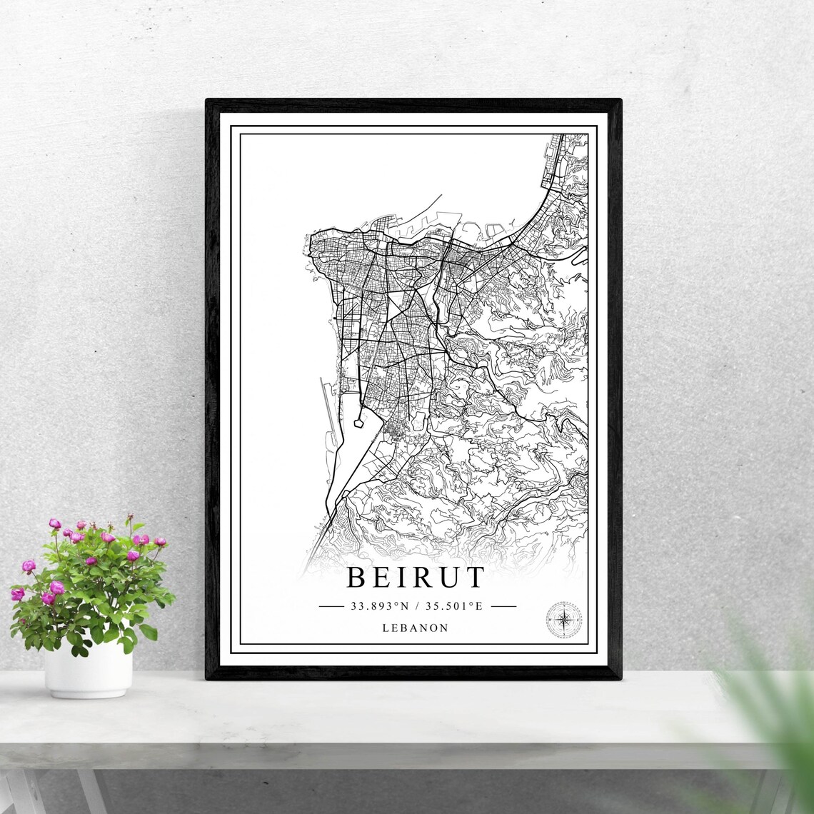 Beirut Lebanon Detailed Black and White City Street Map Poster