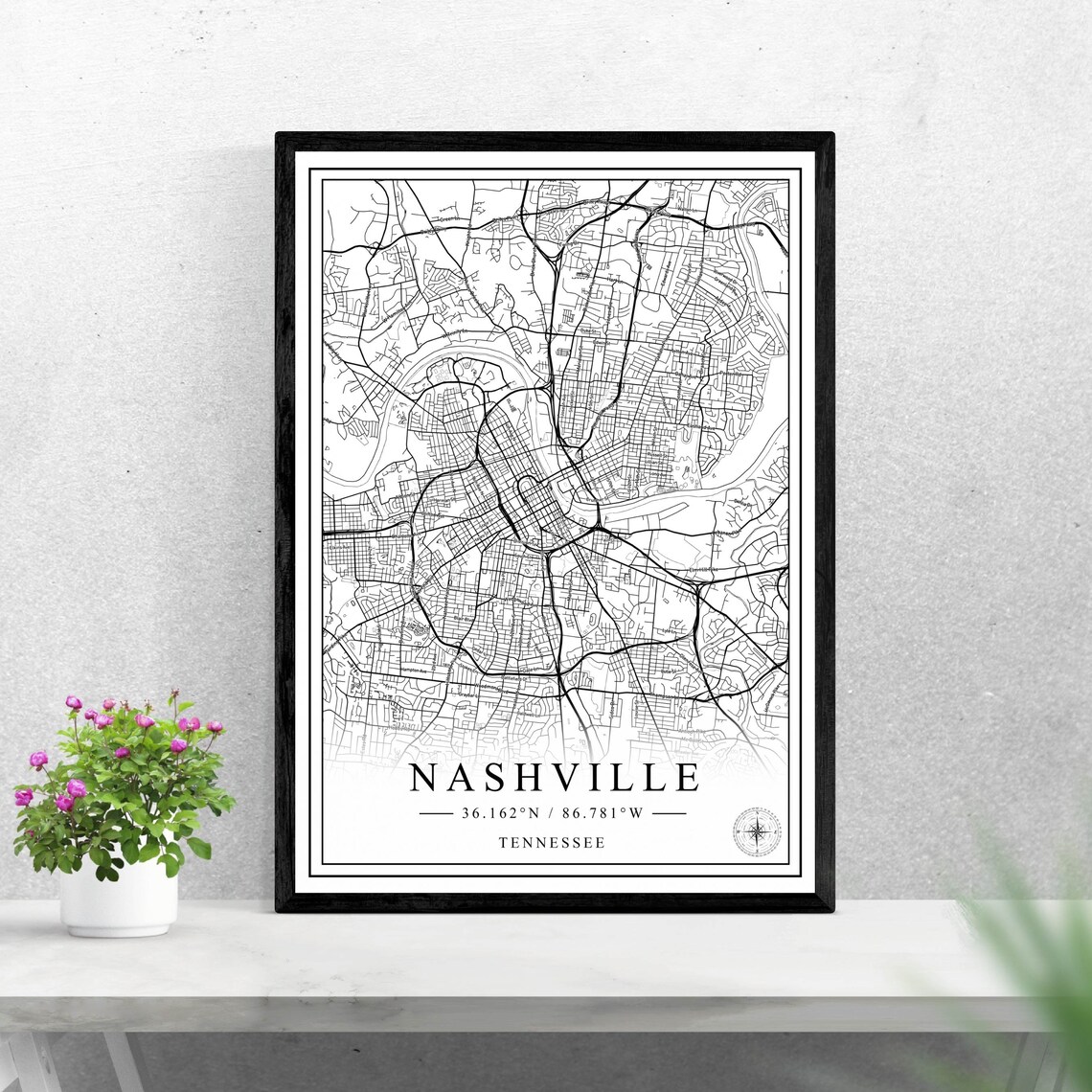 Nashville Tennessee Black And White Minimalist Street Map Wall Art