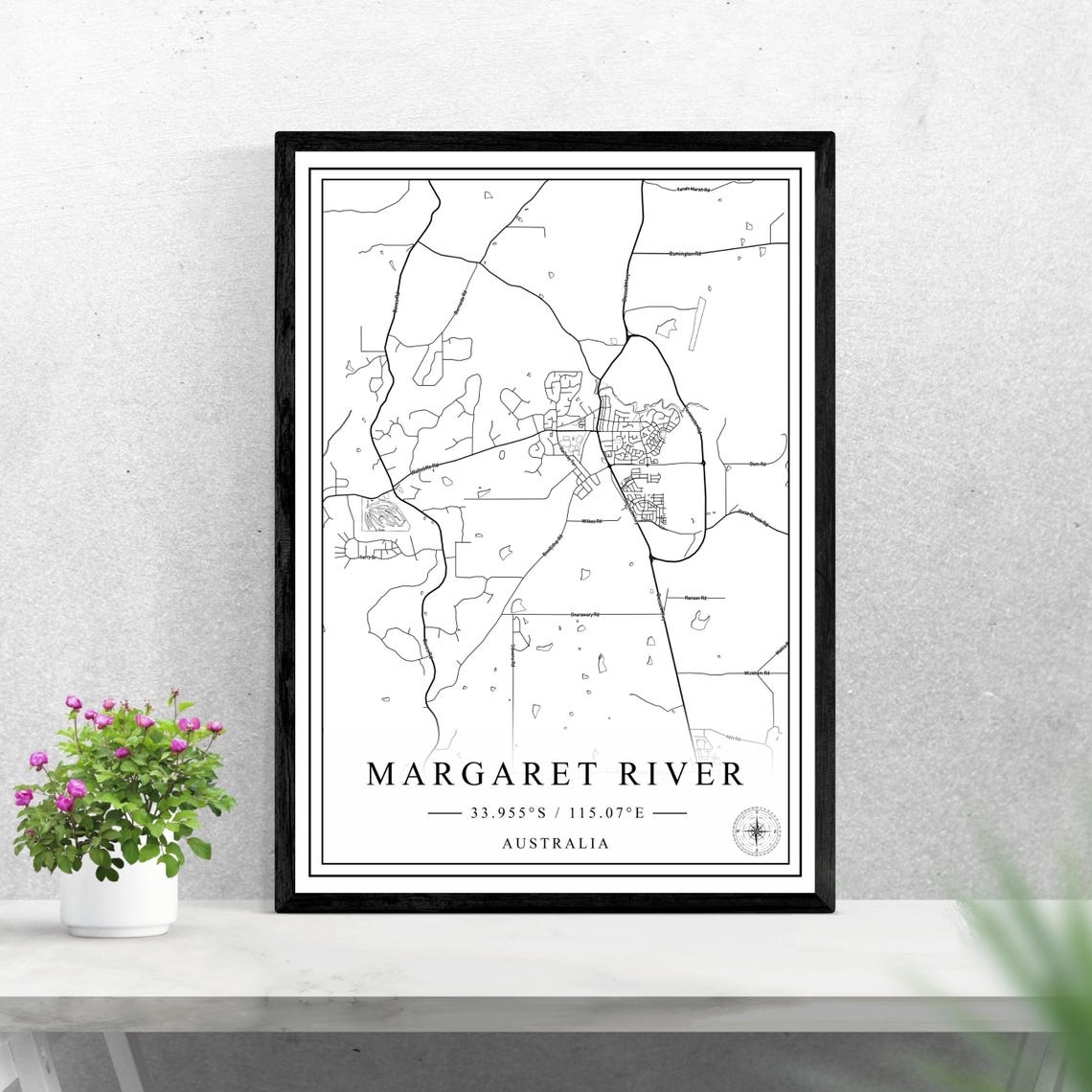 Margaret River Australia Black and White City Street Map Poster